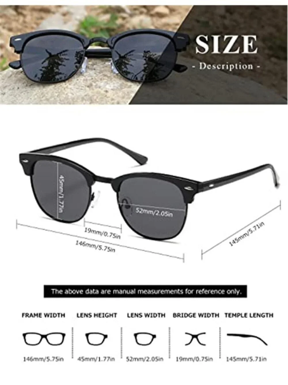 Retro Black Polarized Sunglasses Men Women UV400 Semi Rimless Classic Shades